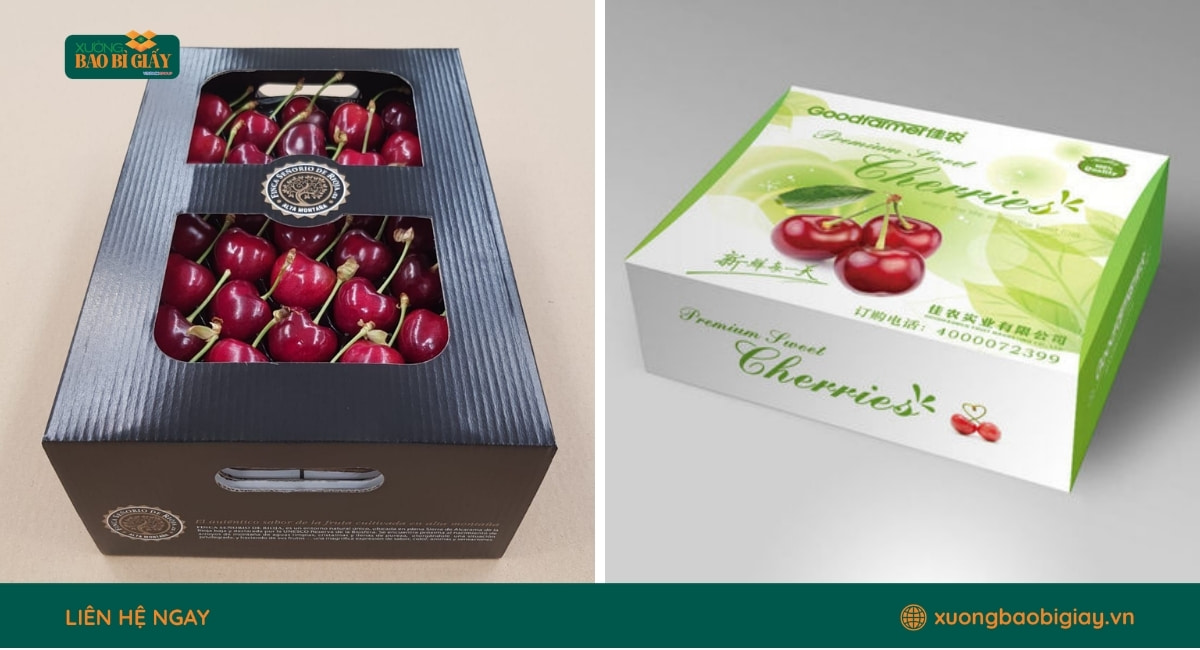 In hộp giấy đựng cherry số lượng lớn tại xưởng với màu sắc sắc nét và độ hoàn thiện cao.