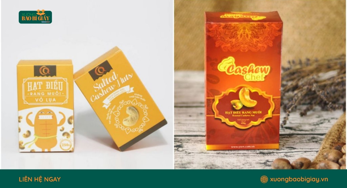 Hộp giấy đựng hạt điều giúp bảo quản sản phẩm tốt hơn và tăng tính chuyên nghiệp khi bán hàng.