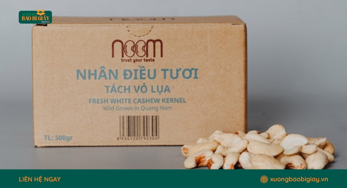 Mẫu hộp giấy đựng hạt điều in logo riêng giúp doanh nghiệp tạo dấu ấn thương hiệu.