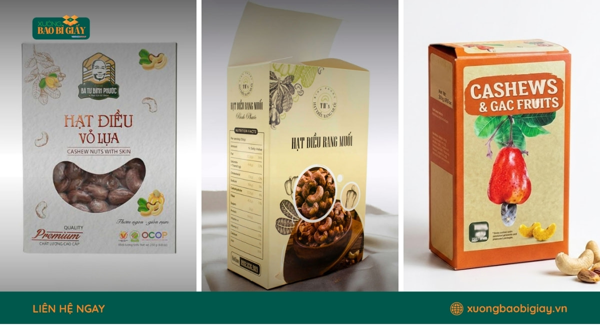 Mẫu hộp giấy đựng hạt điều hiện đại giúp tăng giá trị cảm nhận của khách hàng.
