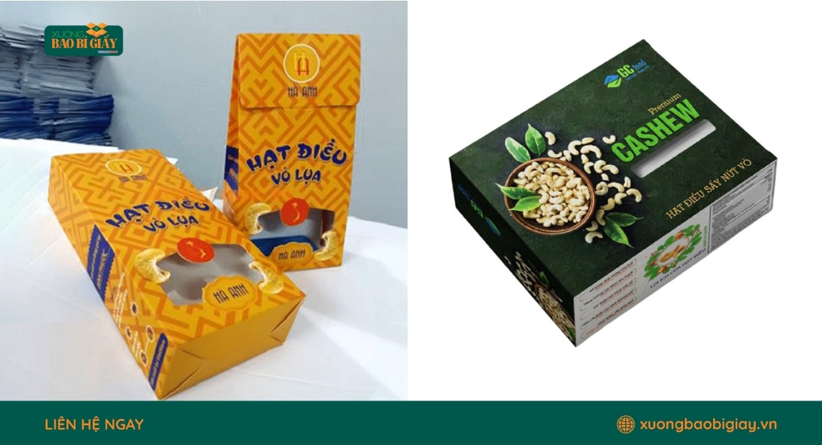 Xưởng Bao Bì Giấy chuyên thiết kế và in ấn hộp giấy đựng hạt điều theo yêu cầu doanh nghiệp.