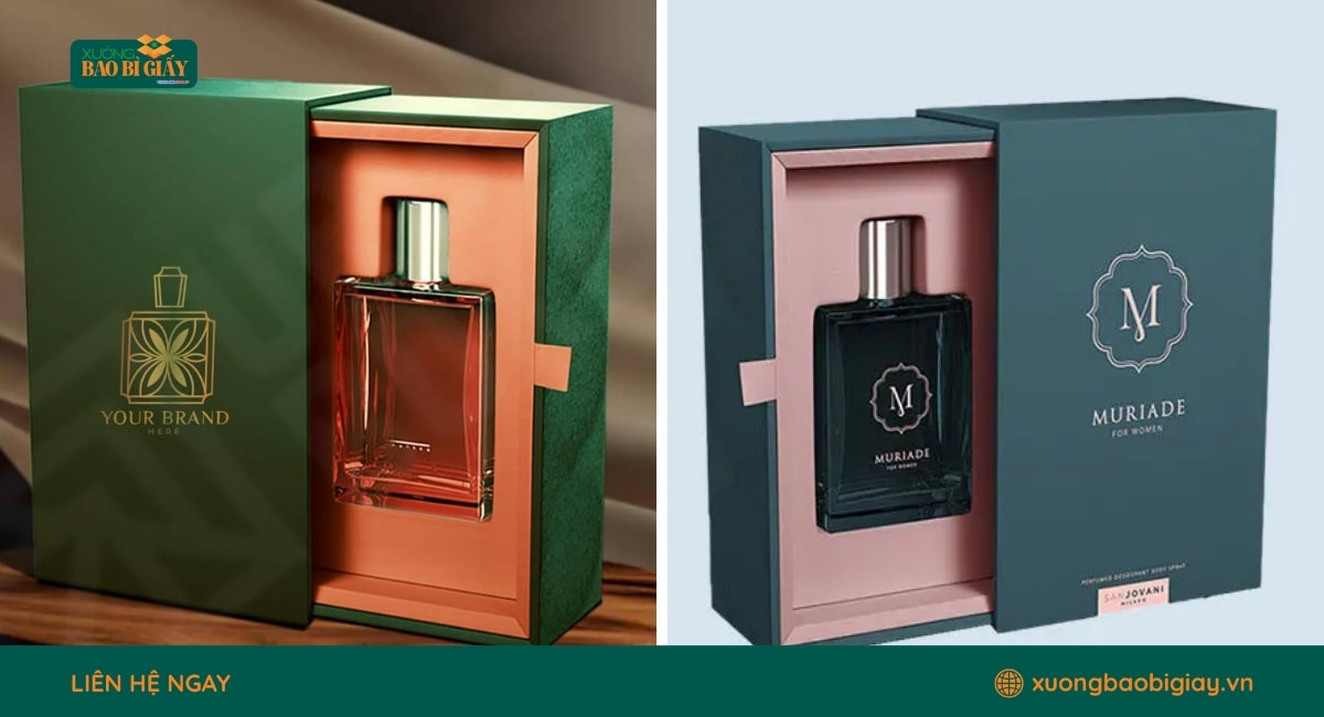 Hộp giấy đựng nước hoa in logo giúp nâng cao độ nhận diện thương hiệu và tính sang trọng.
