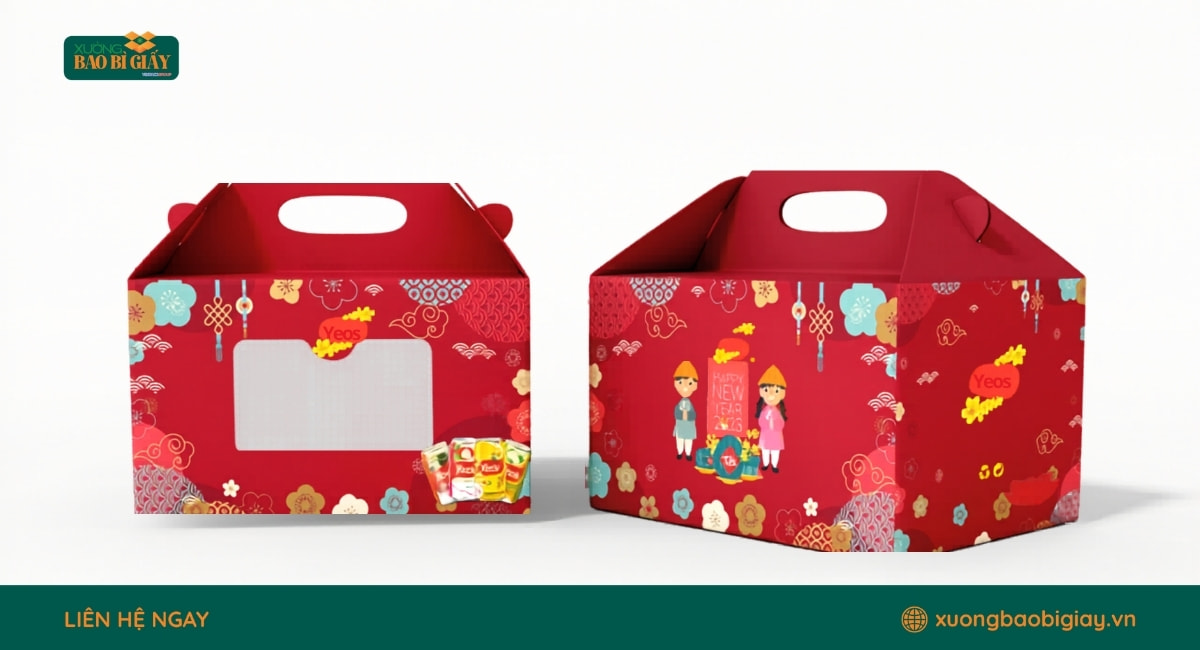 In thùng carton quà tặng Tết với thiết kế ấn tượng giúp nâng tầm giá trị quà biếu doanh nghiệp.