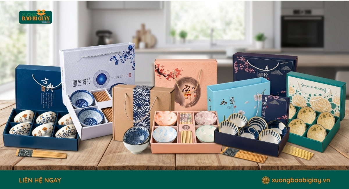 Xưởng nhận thiết kế và in hộp giấy đựng chén bát theo kích thước riêng, phù hợp đa dạng kiểu chén đĩa.