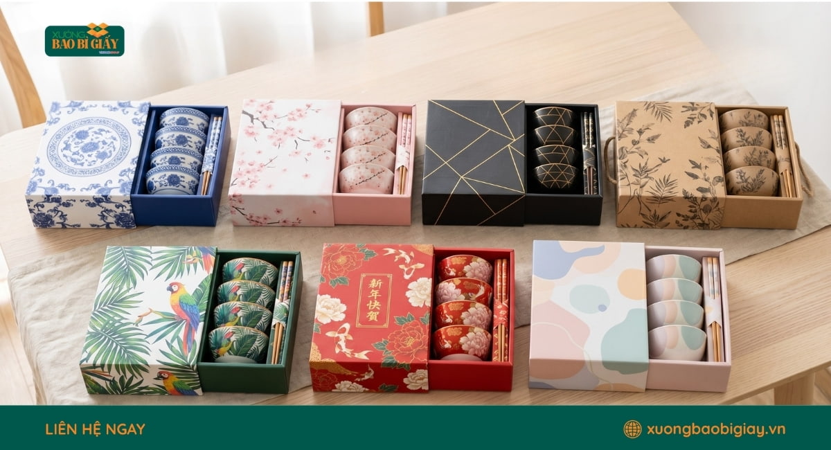 Xưởng Bao Bì Giấy cung cấp dịch vụ thiết kế, in ấn hộp giấy đựng chén bát theo bộ nhận diện thương hiệu riêng.
