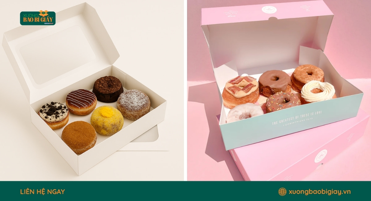 In hộp giấy đựng donut theo yêu cầu với công nghệ hiện đại, màu sắc rõ nét và thành phẩm đồng đều.