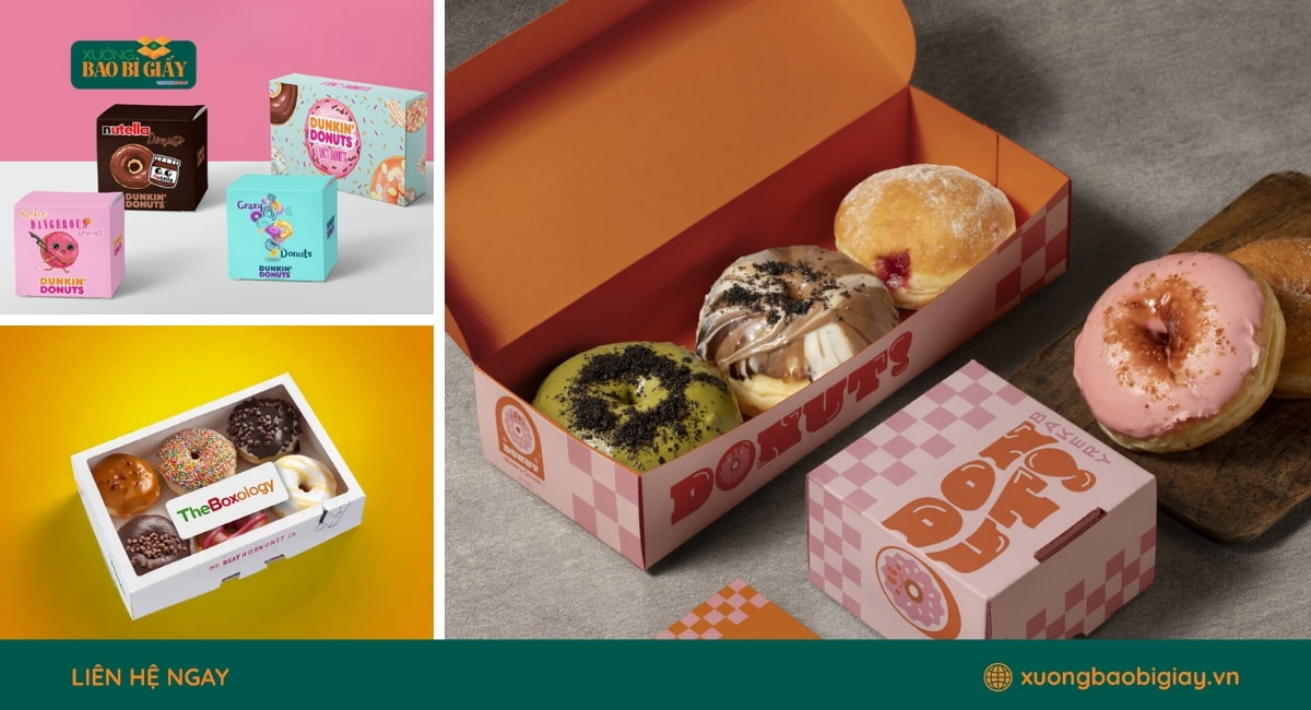 Mẫu hộp giấy đựng donut thiết kế đẹp dùng cho bánh đơn và combo bánh