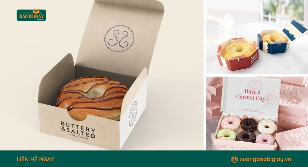 Mẫu hộp giấy đựng donut bền đẹp, hỗ trợ vận chuyển bánh an toàn mà vẫn đảm bảo tính thẩm mỹ cao.