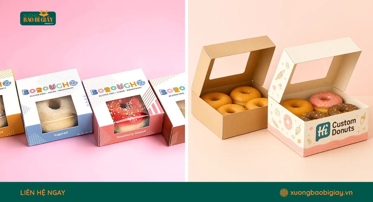 Mẫu hộp giấy đựng donut in logo sắc nét giúp tăng nhận diện thương hiệu ngay trên bao bì sản phẩm.