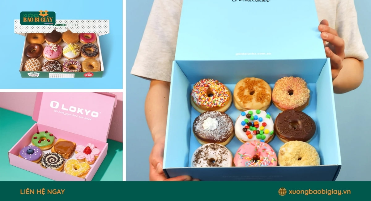 In hộp giấy đựng donut số lượng lớn tại xưởng với đa dạng kiểu dáng, kích thước và chất liệu giấy cao cấp.