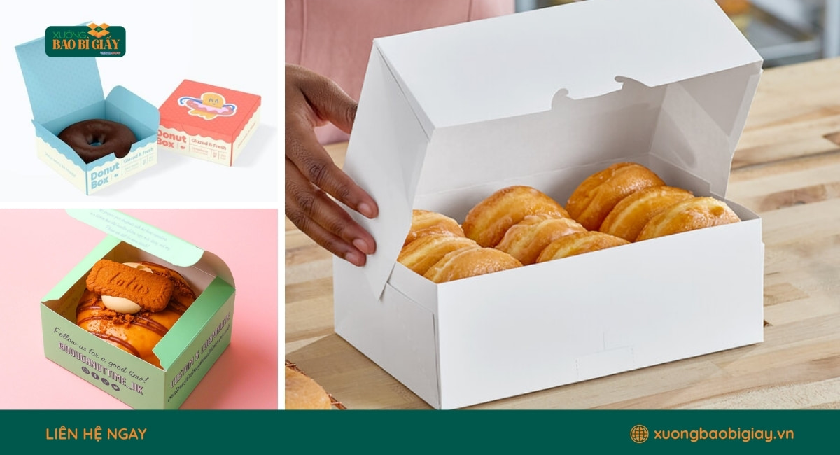 Hộp giấy đựng donut giúp giữ bánh sạch sẽ, thuận tiện cho giao hàng, takeaway và trưng bày tại cửa hàng.