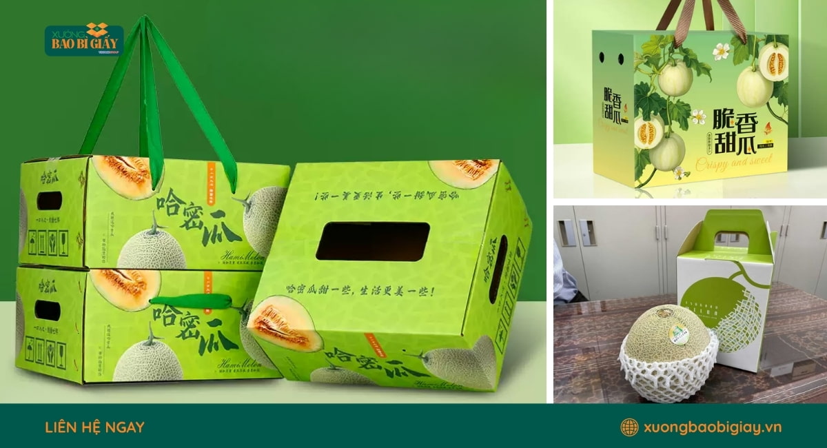 Hộp giấy đựng dưa lưới giúp bảo quản trái cây sạch sẽ, tăng tính thẩm mỹ và độ chuyên nghiệp cho sản phẩm.