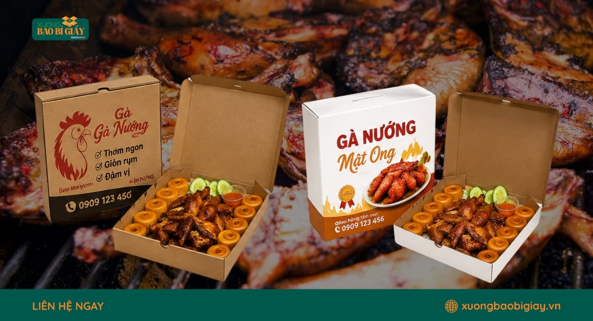 Mẫu hộp giấy đựng gà nướng in logo theo yêu cầu tại Xưởng Bao Bì Giấy