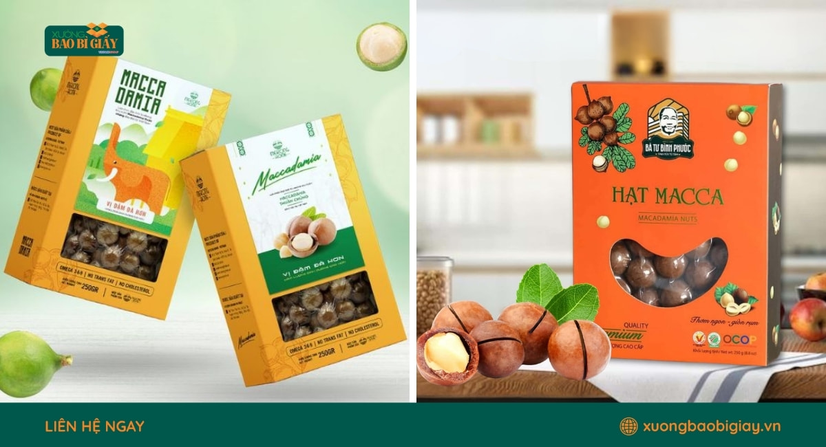 Hộp giấy đựng hạt macca thân thiện môi trường, phù hợp xu hướng bao bì xanh hiện nay.