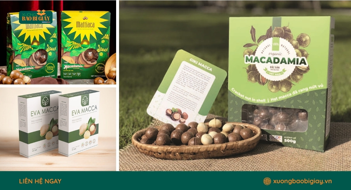 Bao bì hộp giấy đựng hạt macca đẹp mắt giúp sản phẩm nổi bật trên kệ hàng.