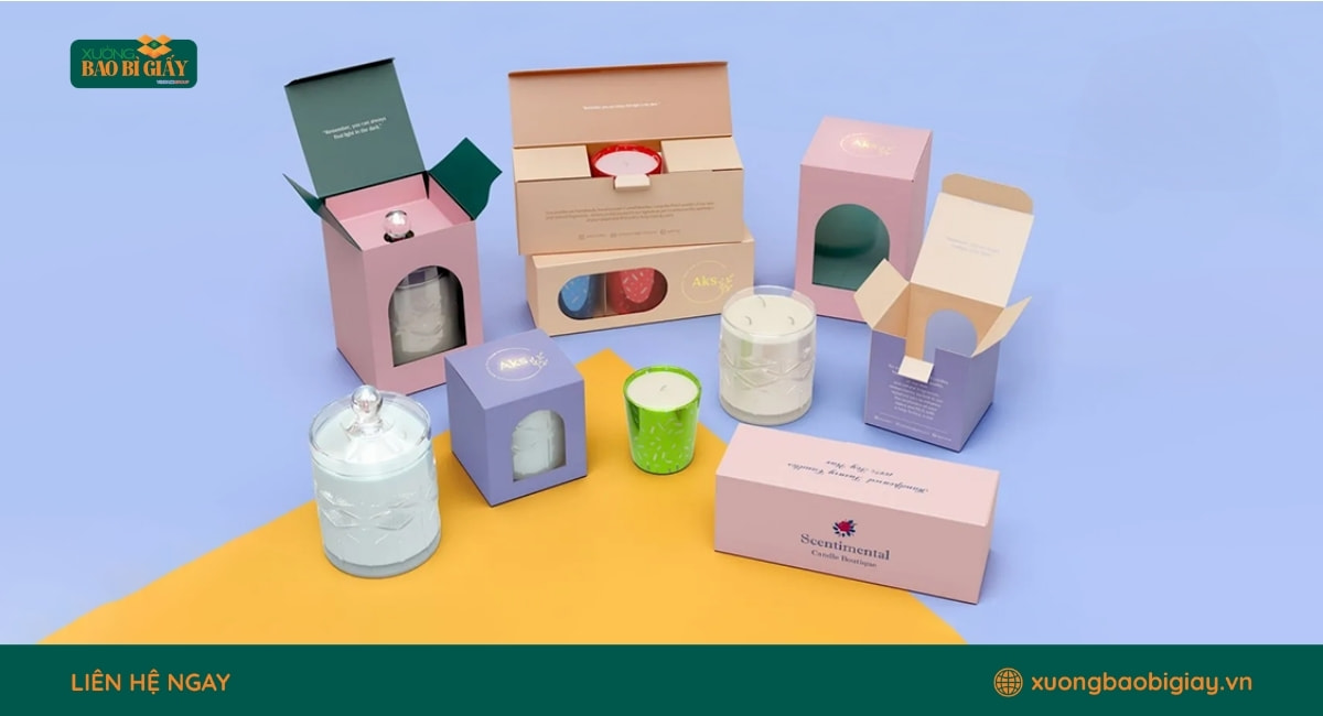 Mẫu hộp giấy đựng nến thơm in logo sắc nét giúp thương hiệu tạo dấu ấn chuyên nghiệp với khách hàng.
