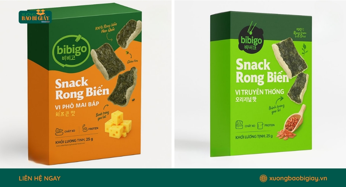 Mẫu hộp giấy đựng rong biển hiện đại giúp sản phẩm nổi bật hơn trên kệ trưng bày.