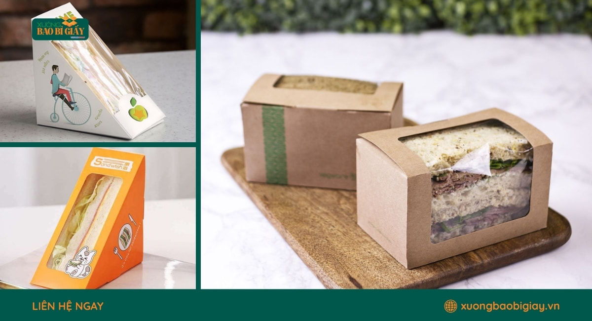 Hộp giấy đựng sandwich thiết kế tiện lợi, phù hợp cho cửa hàng bánh mì và mô hình takeaway.