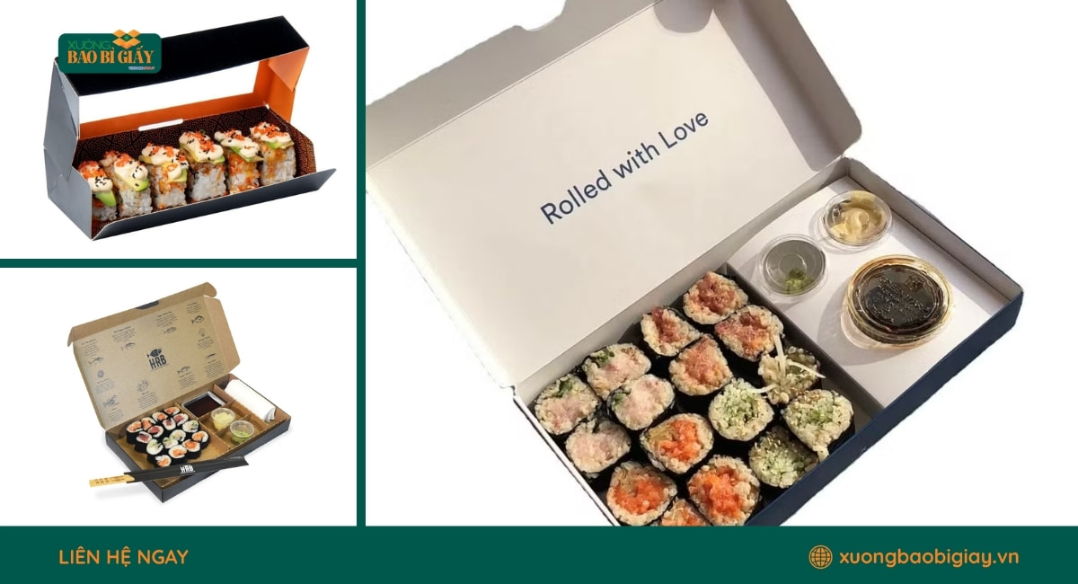 Hộp giấy đựng sushi thiết kế đẹp mắt, phù hợp cho nhà hàng Nhật và cửa hàng takeaway.
