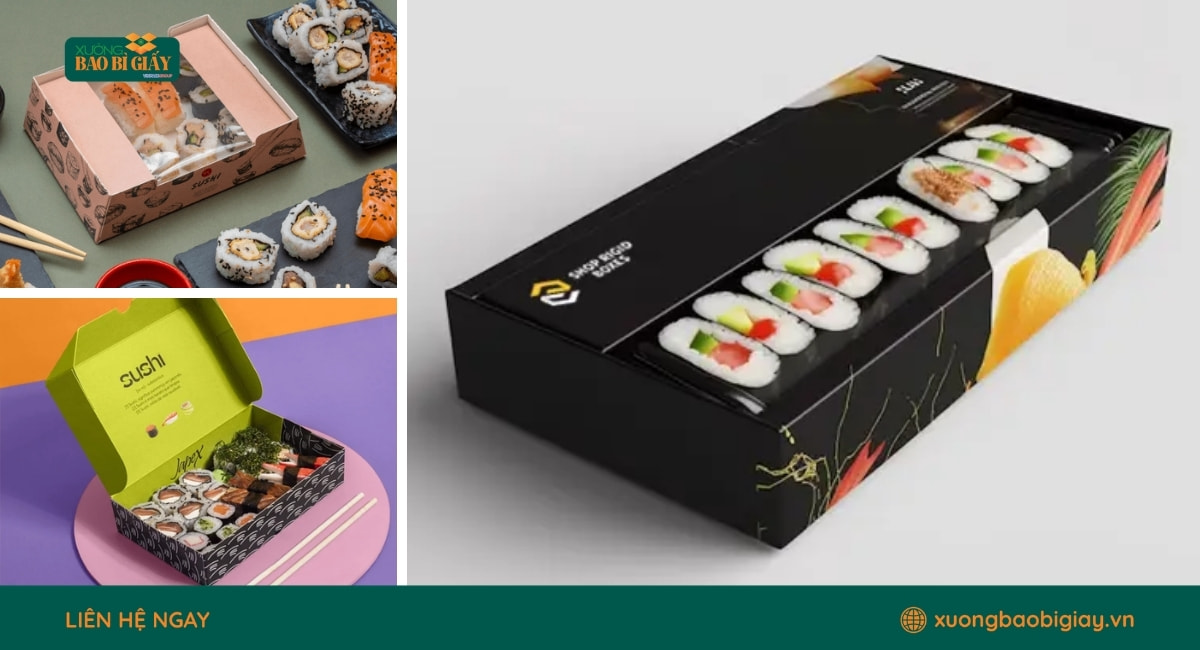 Hộp giấy đựng sushi thân thiện môi trường, phù hợp xu hướng bao bì xanh trong ngành F&B.
