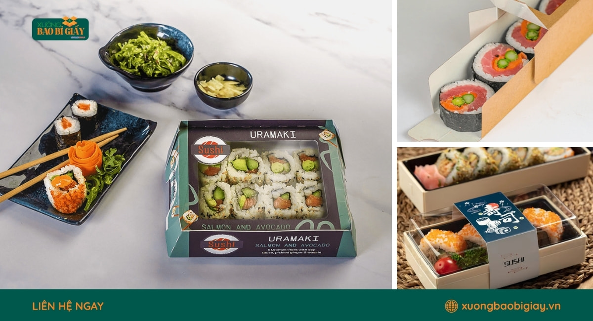 Hộp giấy đựng sushi thiết kế đẹp mắt, phù hợp cho nhà hàng Nhật và cửa hàng takeaway.