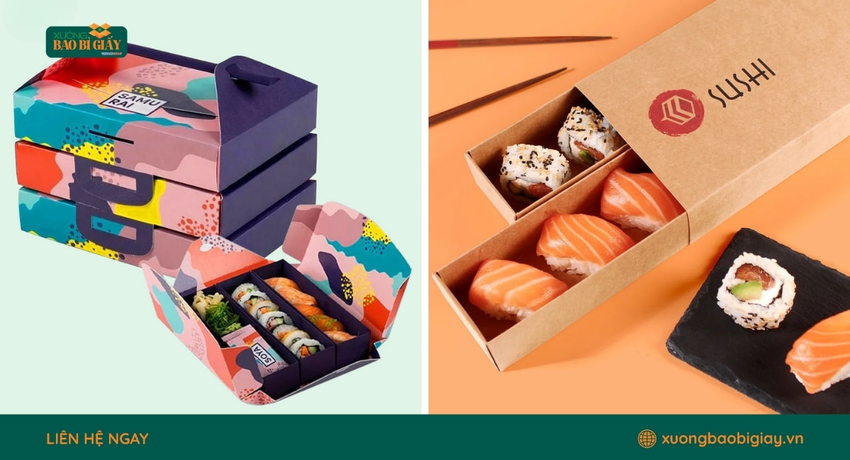 Xưởng Bao Bì Giấy chuyên sản xuất hộp giấy đựng sushi với nhiều mẫu mã hiện đại, thẩm mỹ cao.