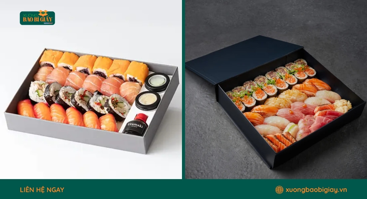 In hộp giấy đựng sushi giúp thương hiệu ẩm thực nâng cao hình ảnh chuyên nghiệp.