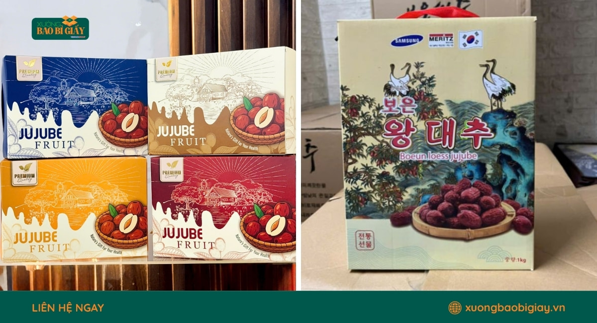 Mẫu hộp giấy đựng táo đỏ dạng nắp gài, âm dương hoặc hộp quai xách đáp ứng đa dạng nhu cầu sử dụng.