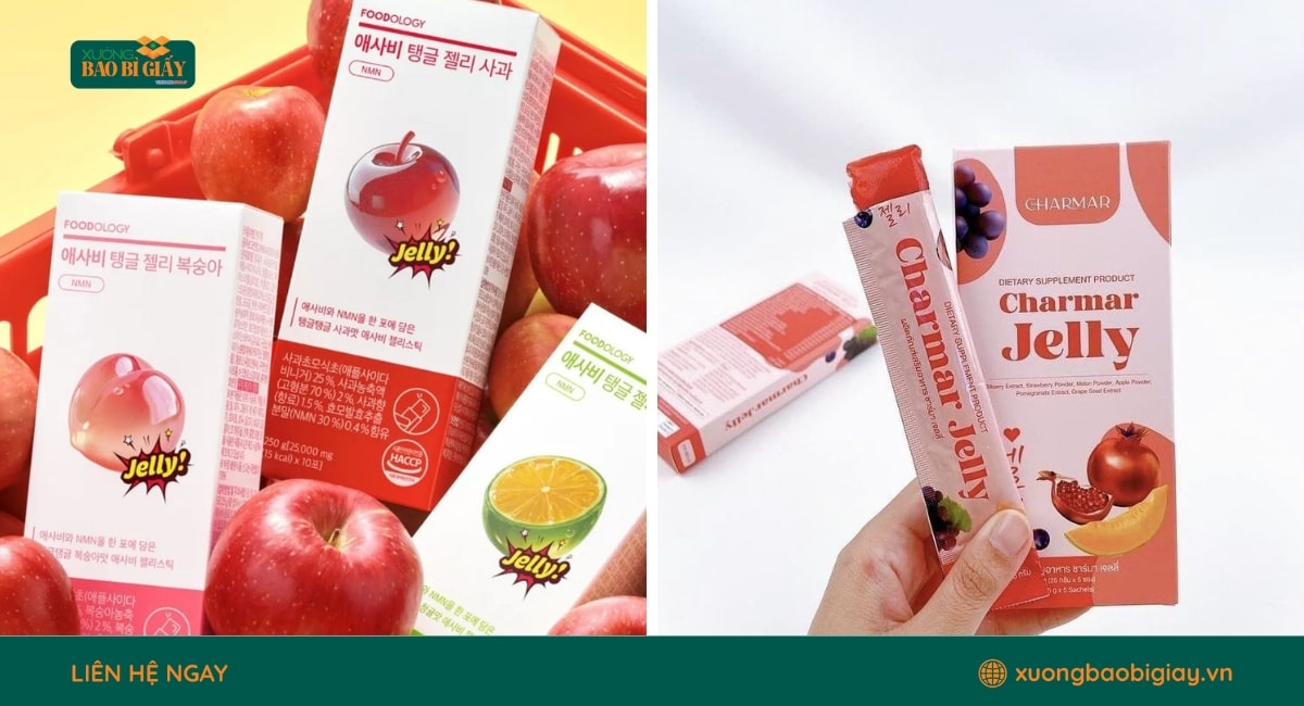 Bao bì hộp giấy đựng thạch đẹp giúp tăng giá trị thẩm mỹ và nhận diện thương hiệu.