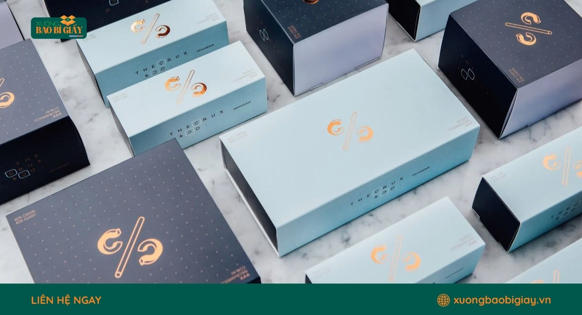 Mẫu in hộp giấy ép kim logo chuyên nghiệp cho bao bì sản phẩm