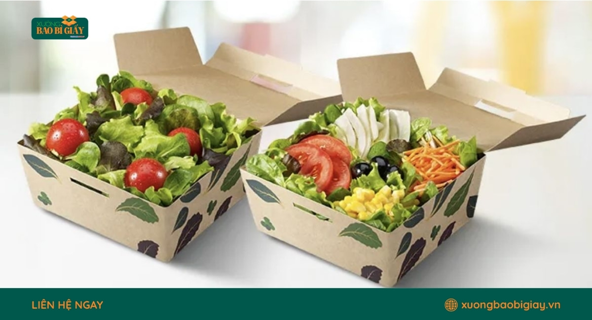 Hộp giấy đựng salad giúp bảo quản thực phẩm sạch sẽ, tiện lợi cho nhu cầu takeaway và giao hàng.