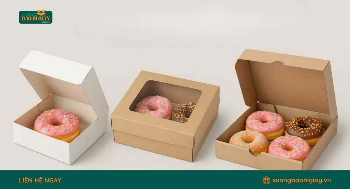 Hộp giấy đựng donut giúp bảo quản bánh nguyên vẹn, hạn chế biến dạng và tăng tính thẩm mỹ khi trưng bày sản phẩm.