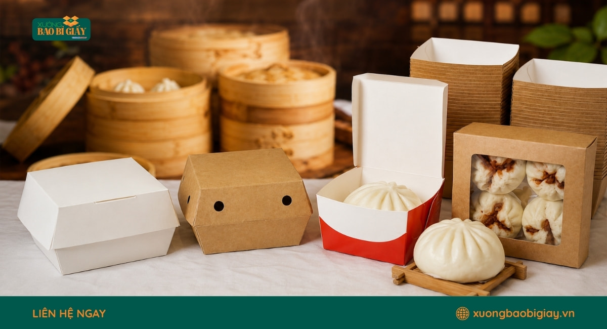 Hộp giấy đựng bánh bao phù hợp cho các cửa hàng bánh bao, quán ăn và dịch vụ giao đồ ăn.