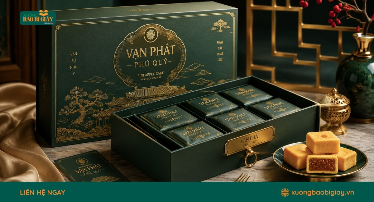 Mẫu hộp giấy đựng bánh dứa ép kim nhiều ngăn giúp sắp xếp sản phẩm gọn gàng và đẹp mắt.