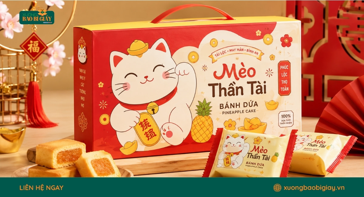 Hộp bánh dứa in hình mèo chiêu tài may mắn