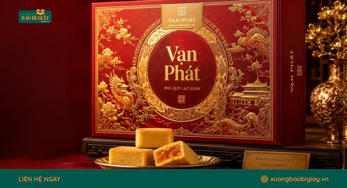 Mẫu hộp giấy đựng bánh dứa ép kim sang trọng giúp tăng nhận diện thương hiệu.