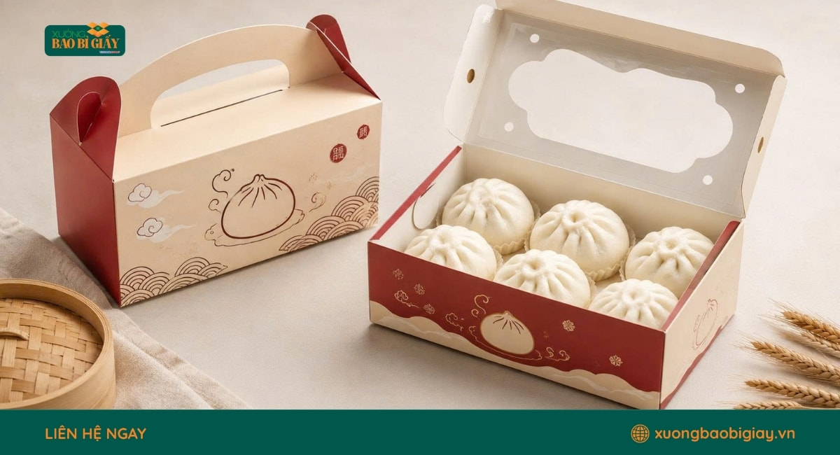 Hộp giấy đựng bánh bao có cửa sổ mica trong suốt