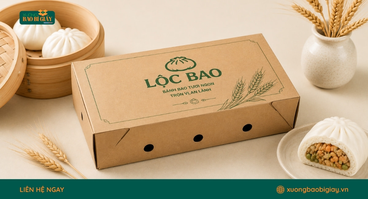 Mẫu hộp giấy đựng bánh bao có lỗ thoát hơi giúp giữ độ mềm và chất lượng sản phẩm.