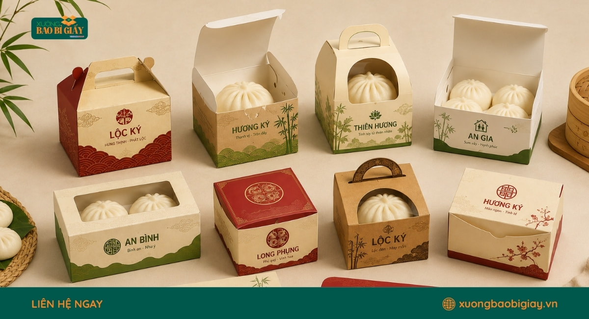 Mẫu hộp giấy đựng bánh bao in logo thương hiệu giúp nâng cao hình ảnh chuyên nghiệp.