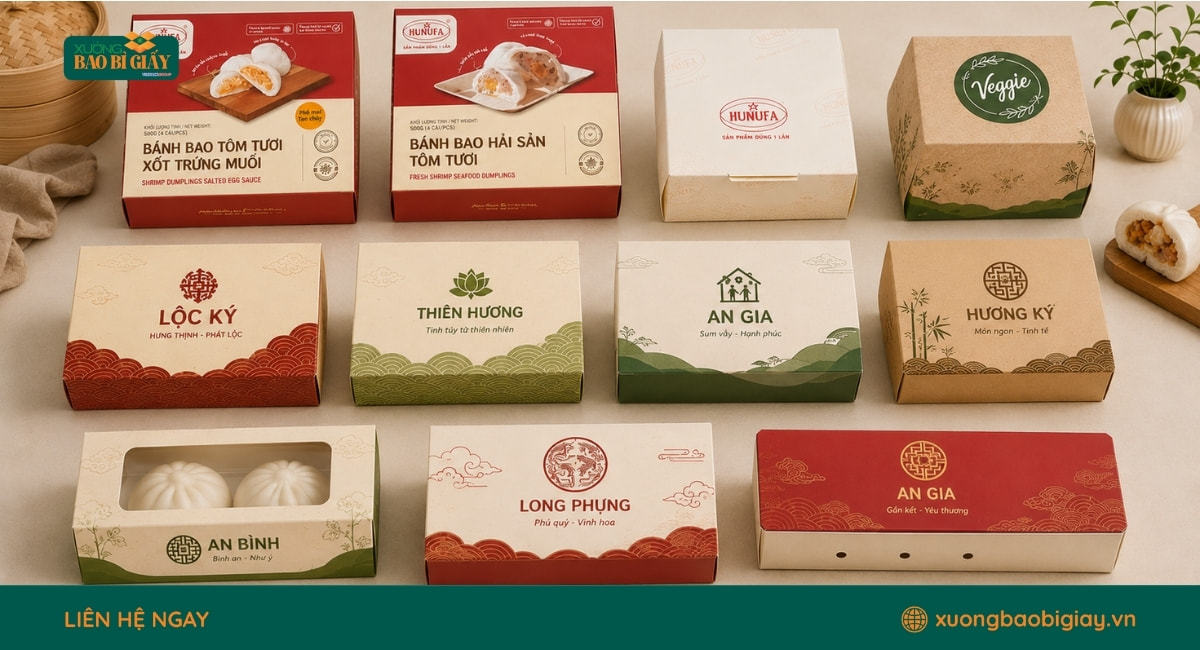 Hộp giấy đựng bánh bao in offset hiện đại với hình ảnh và logo sắc nét.