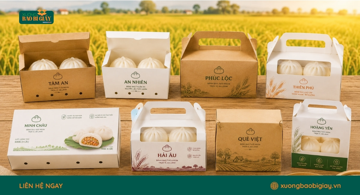 Mẫu hộp giấy đựng bánh bao nhiều kích thước phù hợp cho bánh bao đơn chiếc hoặc combo.