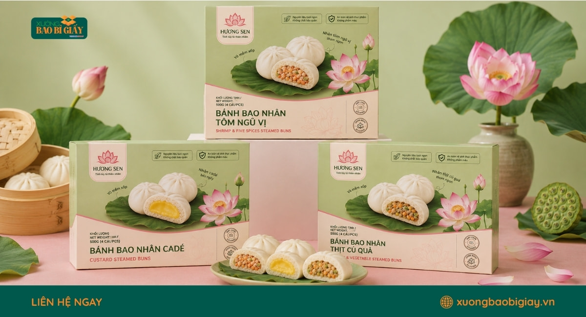 Hộp giấy đựng bánh bao thiết kế nắp gài chắc chắn, thuận tiện cho quá trình vận chuyển.