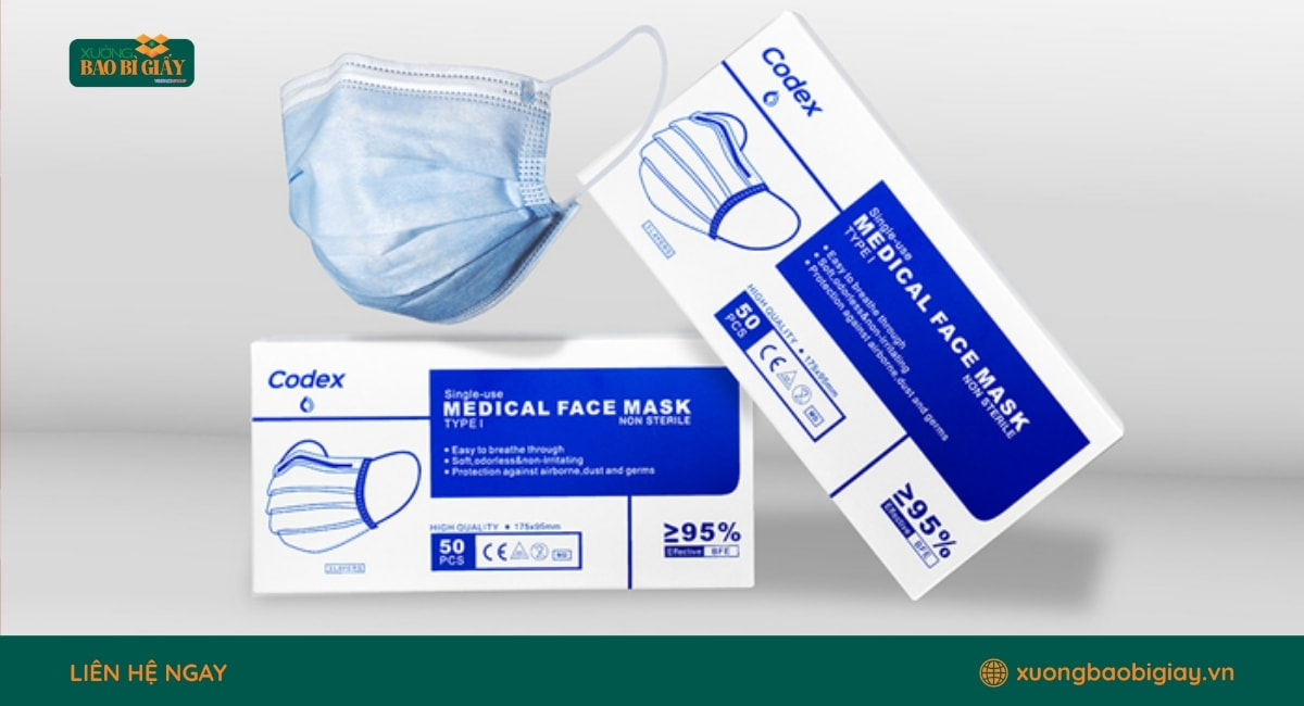 Mẫu hộp giấy đựng khẩu trang y tế được in offset chất lượng cao tại Xưởng Bao Bì Giấy.