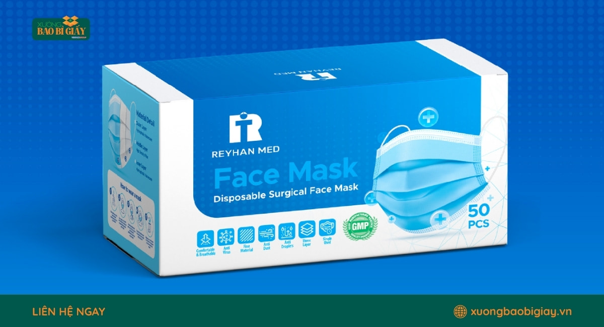 Mẫu hộp giấy đựng khẩu trang loại 20 cái đẹp, chắc chắn, phù hợp cho các dòng khẩu trang y tế và khẩu trang thời trang.
