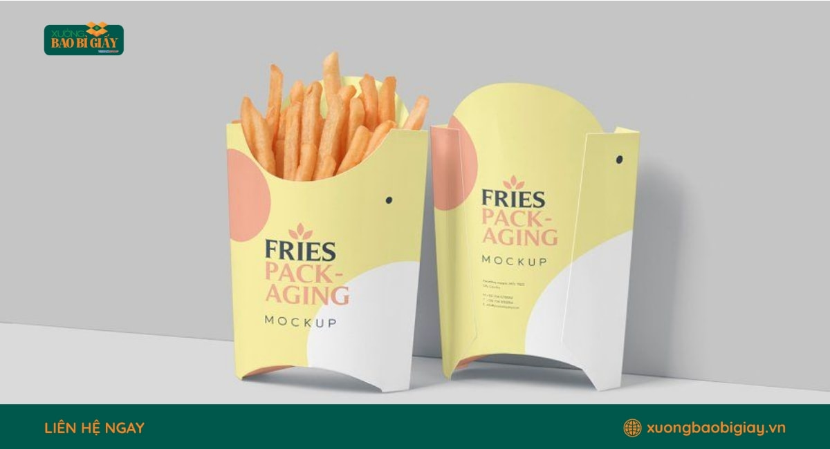 Xưởng Bao Bì Giấy nhận thiết kế và in hộp giấy đựng khoai tây chiên theo yêu cầu cho cửa hàng thức ăn nhanh.