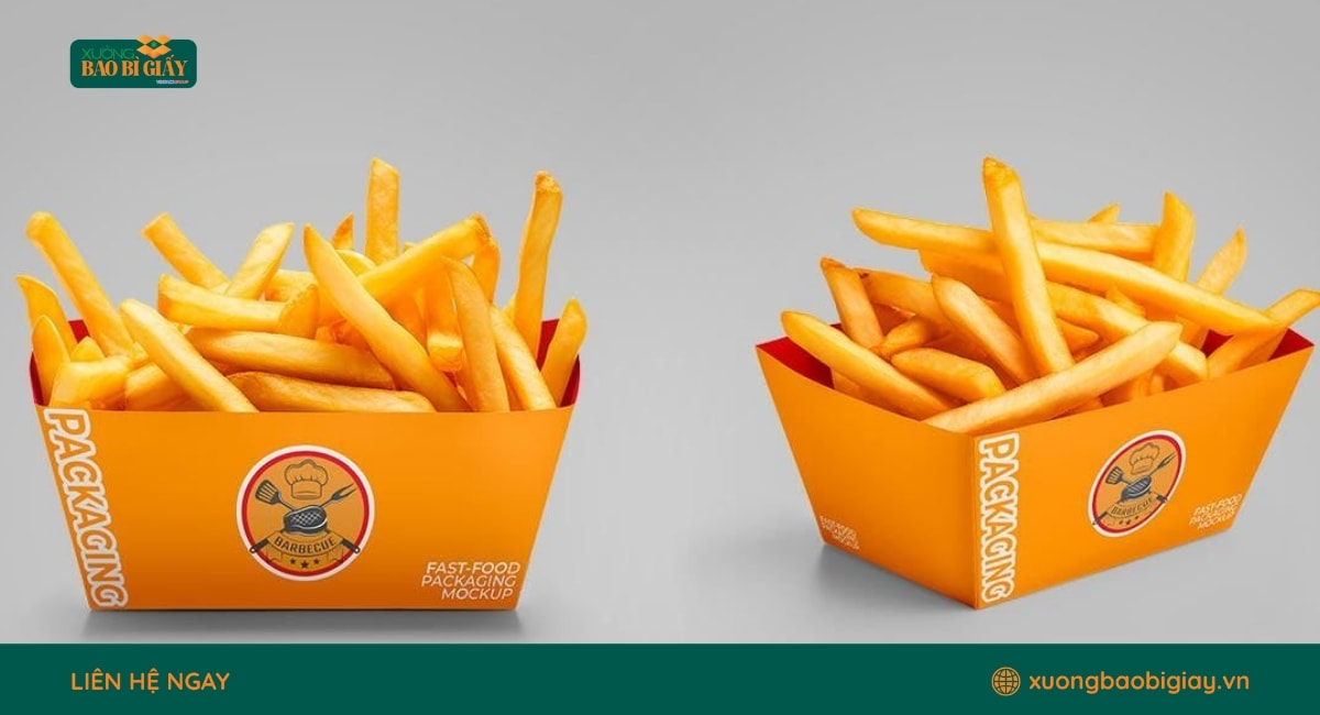 Hộp giấy đựng khoai tây chiên cán màng PE phù hợp cho các chuỗi fast food, cửa hàng ăn vặt và dịch vụ giao hàng.