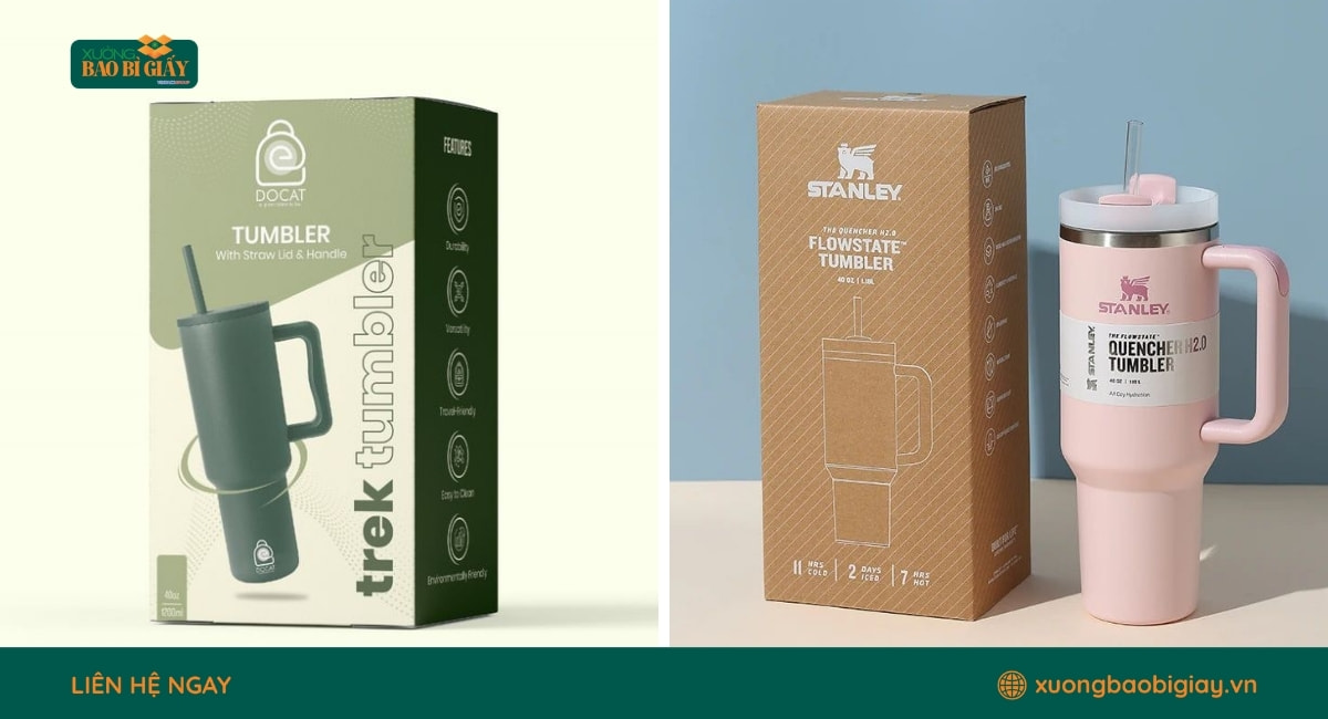 Mẫu hộp giấy đựng ly giữ nhiệt in logo thương hiệu giúp tăng tính chuyên nghiệp và nhận diện doanh nghiệp.