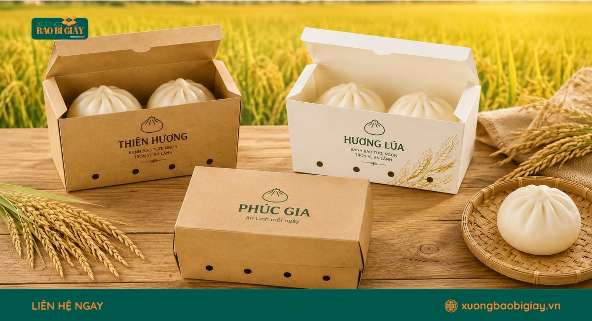 Hộp giấy đựng bánh bao giúp bảo quản thực phẩm sạch sẽ và thuận tiện khi mang đi.
