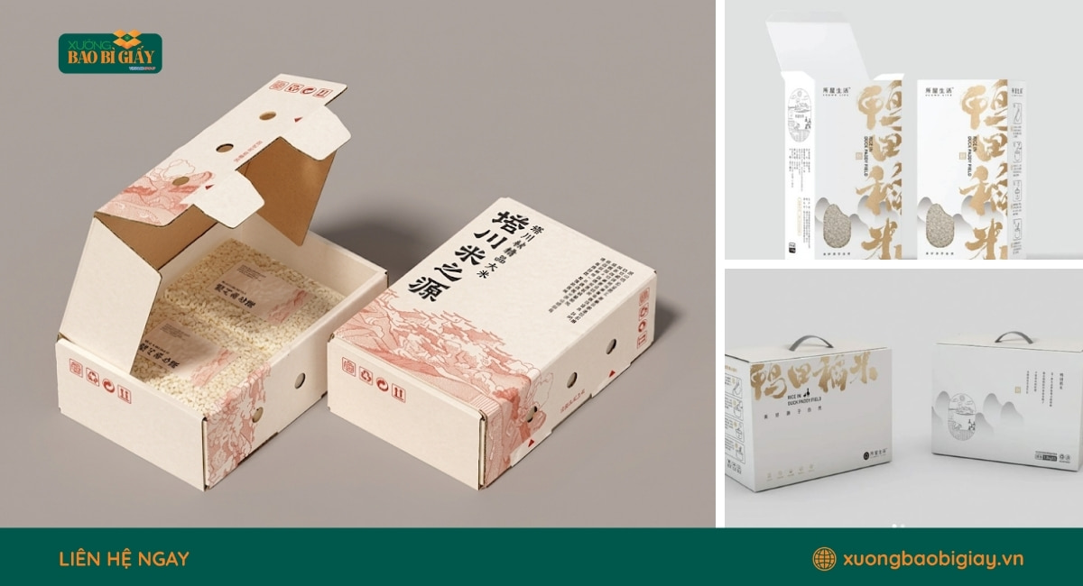 Mẫu hộp giấy đựng gạo in ấn sắc nét được sản xuất trực tiếp tại xưởng không qua trung gian