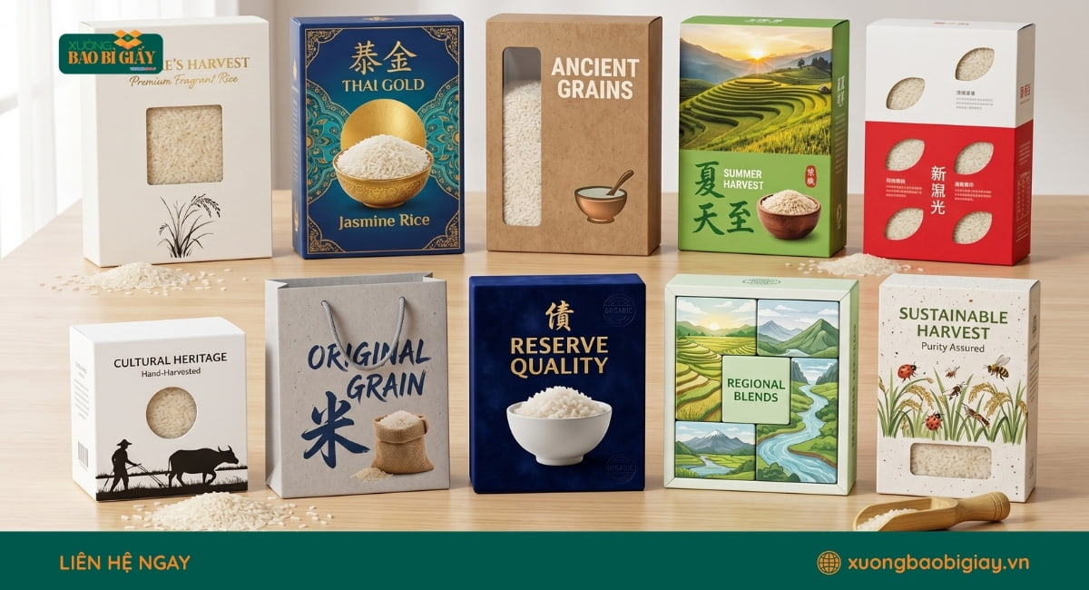 Mẫu hộp giấy đựng gạo quà tặng được gia công tinh tế và chắc chắn, nâng tầm thương hiệu